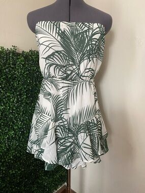 Express Strapless White and Green Palm Print Romper